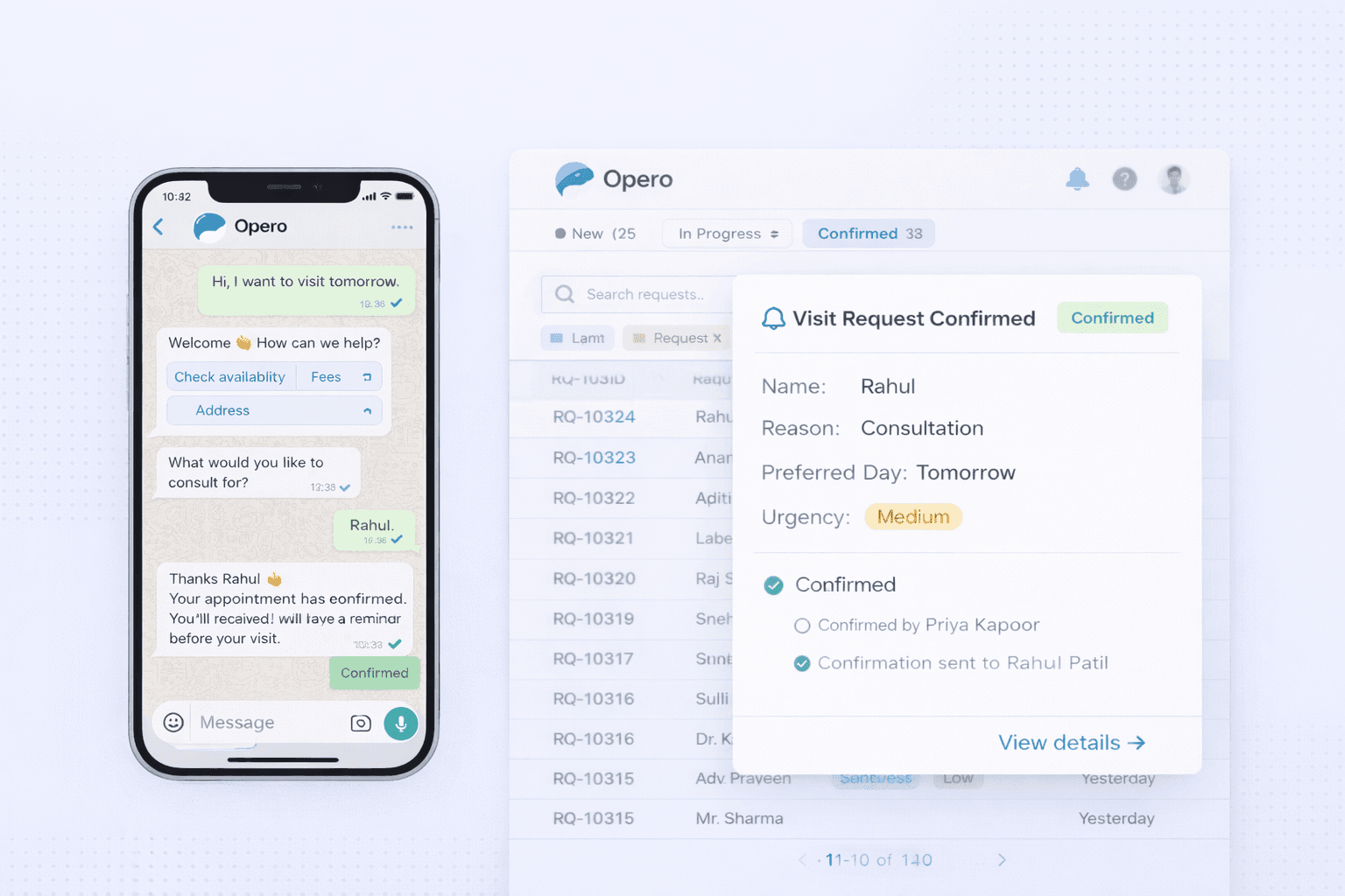Opero closed-loop confirmation — WhatsApp conversation with confirmed visit request on the dashboard