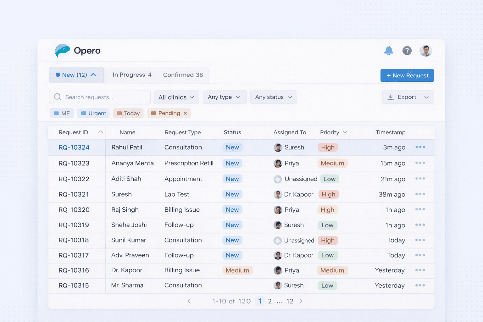 Opero operations dashboard — request queue with status, priority, and assignment tracking