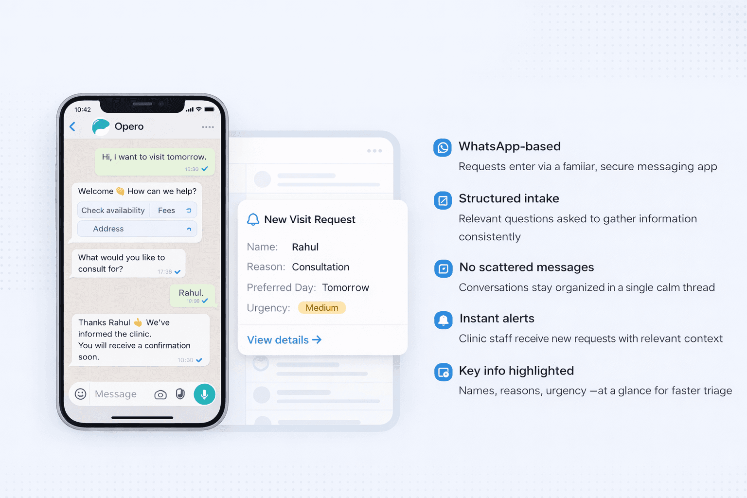Opero platform overview — WhatsApp intake, structured request card, and feature highlights
